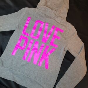Victoria's Secret PINK Gray Zip Up Hoodie with Neon Pink Logo Y2K Small Barbie